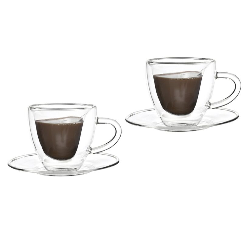 Kaffeetassen Doppelwandig mit Untertasse, 2 Tassen Herz-Form aus Glas 150ml