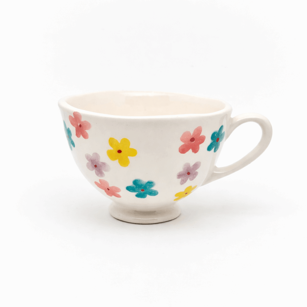 Tasse, Teetasse Kaffeetasse in Weiß mit bunten Blumen 300ml